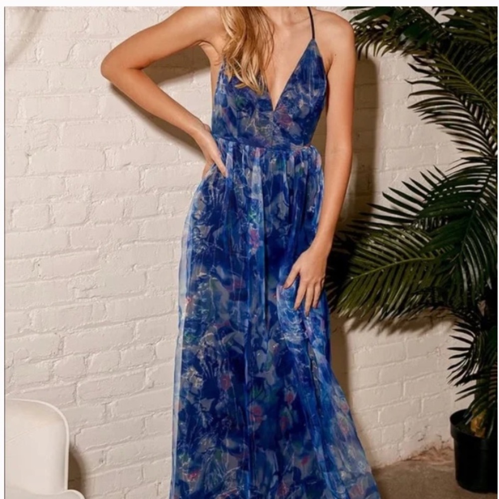 Lulu's Blue Floral Spaghetti-Strap Maxi Dress with Pink Highlights - Picture 7 of 11